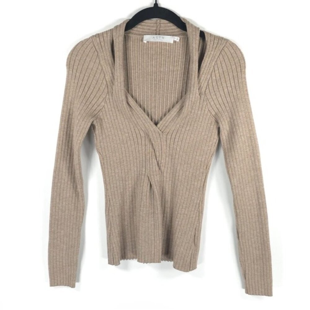 ASTR THE LABEL AT17051 TAUPE Rib Knit Pullover LS Vneck Faux Wrap Top Sz XS